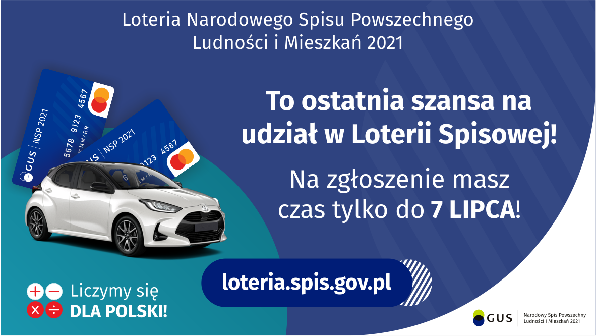 Na grafice jest napis: Loteria Narodowego Spisu Powszechnego Ludności i Mieszkań 2021.To ostatnia szansa na udział w Loterii Spisowej! Na zgłoszenie masz czas tylko do 7 lipca! Po lewej stronie widać samochód i dwie karty przedpłacone. Na dole grafiki są cztery małe koła ze znakami dodawania, odejmowania, mnożenia i dzielenia, obok nich napis: Liczymy się dla Polski! Po środku jest adres strony internetowej: loteria.spis.gov.pl. W prawym dolnym rogu jest logotyp spisu: dwa nachodzące na siebie pionowo koła, GUS, pionowa kreska, Narodowy Spis Powszechny Ludności i Mieszkań 2021.