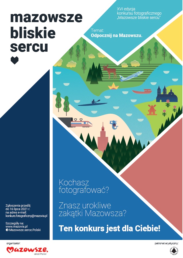 Z lewej strony duże litery tworzące napis- MAZOWSZE BLISKIE SERCU, z prawej ikony przedstawiające POMNIK SYRENKI, STATKU, WODY, ZAMKU.