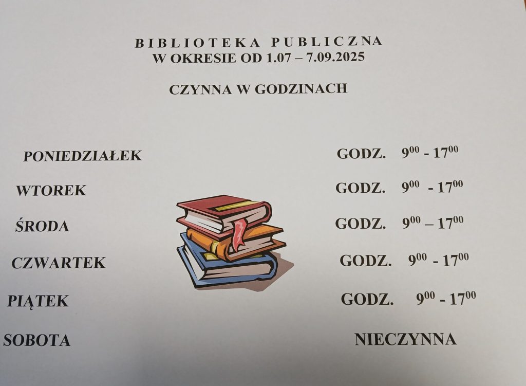 Plakat biblioteki z godzinami otwarcia na białym tle. Kolorowe książki w centrum. Biblioteka nieczynna w soboty.