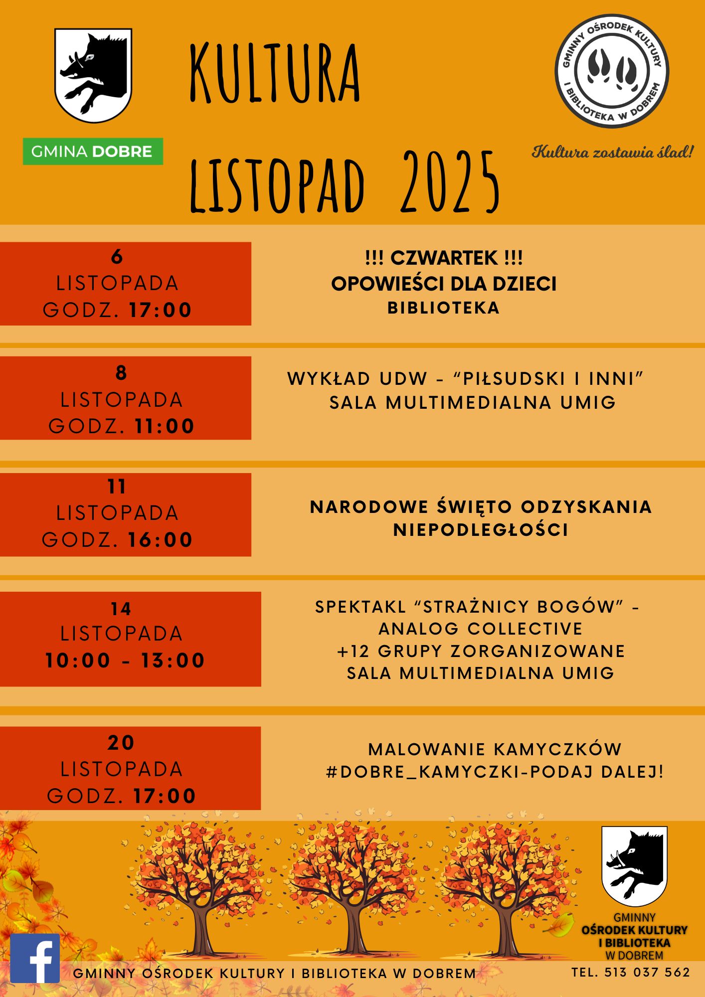 Plakat koloru pomarańczowego z harmonogramem wydarzeń kulturalnych w listopadzie 2025. Zawiera daty, godziny i opis wydarzeń. U dołu ozdobne drzewa w jesiennych barwach.