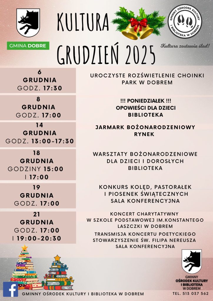 Plakat promujący wydarzenia kulturalne w grudniu 2025 roku. Kolorystyka różowo-beżowa z czarnym tekstem i elementami świątecznymi. Zawiera daty, godziny i lokalizacje imprez związanych z Bożym Narodzeniem.