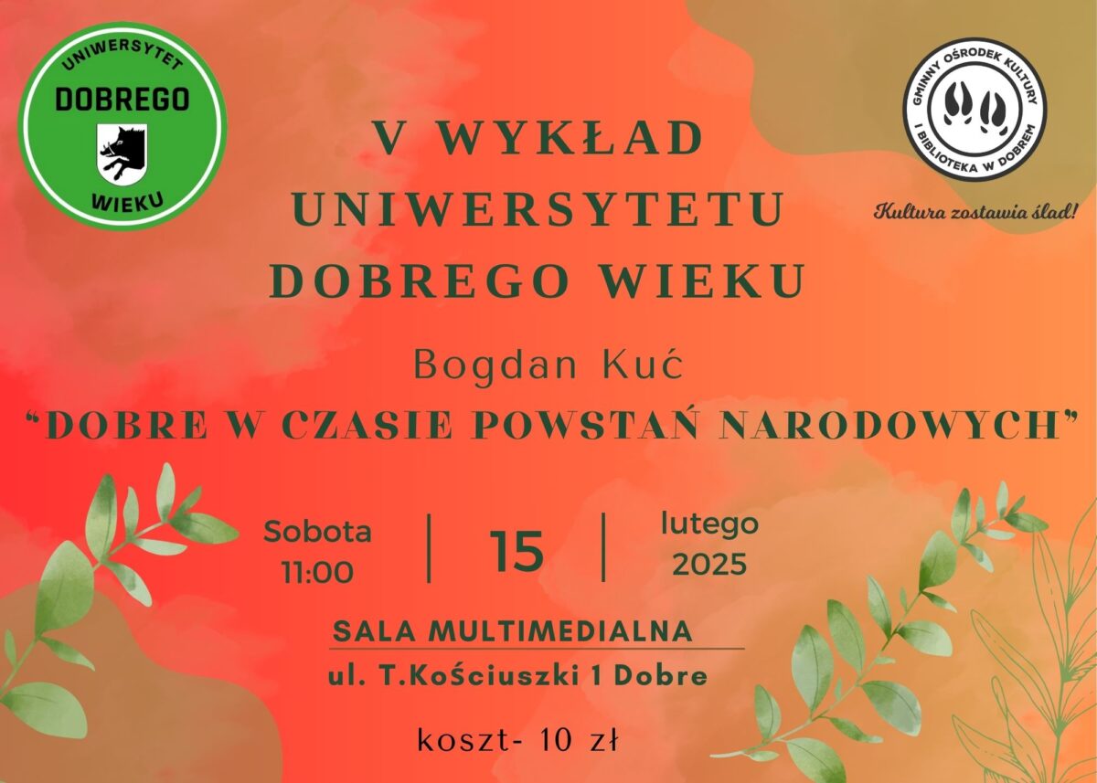 Plakat wydarzenia zapowiada wykład pt. „Dobre w Czasie Powstań Narodowych” prowadzony przez Bogdana Kucia, który odbędzie się 15 lutego 2025 roku o godzinie 11:00 w Sali Multimedialnej przy ul. T.Kościuszki 1 w Dobrem. Wstęp na wykład rodzinny 10 zł.
