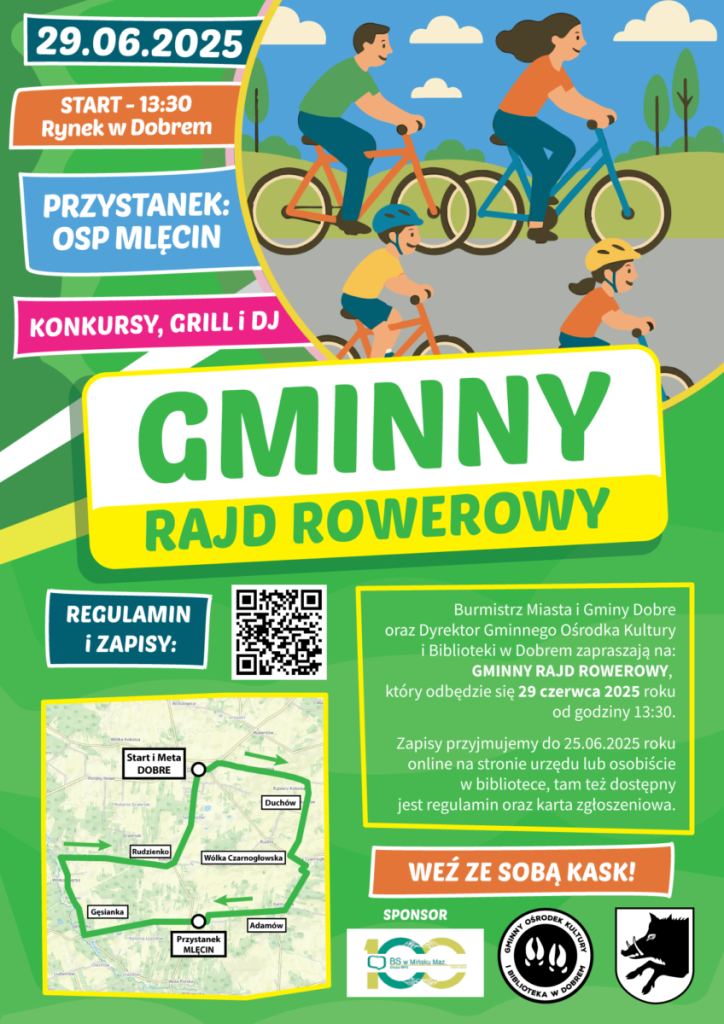 Plakat promuje gminny rajd rowerowy 29.06.2025. Widać jasnozielone tło z rysunkiem rowerzystów. Są też kolorowe bloki tekstu z informacjami o wydarzeniu.